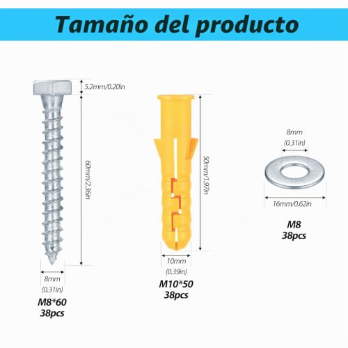 Miniatura 3 de Juego De 114 Tornillos De Anclaje Para Hormigón: 38 Tacos M10 X 50 Mm Y 38 Tornillos De Hormigón M8 X 60 Mm Y Arandelas De 38 M8, Tornillos Hexagonales Y Tacos, Juego De Tacos De Eje Largo