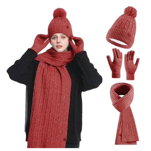 HOSPAOP Conjunto de gorro, bufanda y guantes para mujer, 3 en 1, gorro de invierno para mujer, gorro con pompón, bufanda de invierno, guantes para pantalla táctil, set de calor para exteriores y uso