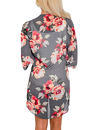 Chunoy Women Casual Short Sleeve Lightweight Summer Chiffon Kimono Cardigan Swimwear Beach Wear Cover Up Grey Small #TOP2