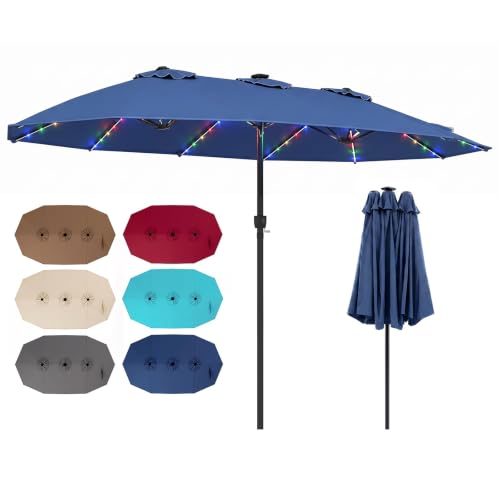Image of COSTWAY 3.8m/4.5m Double-Sided Parasol, 12 Heavy-Duty Ribs Extra Large Sun Umbrella with Lights & Crank Handle, Outdoor Twin Market Sunshade Shelter Canopy (Navy, 144 Lights, 436 x 258 x 254cm)