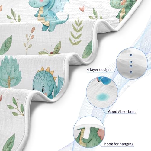Image of Burbuja Cute Dragon Baby Bath Towel - Soft Absorbent Muslin Cotton Hooded Towel for Newborn Infant Toddler, 30x30 in