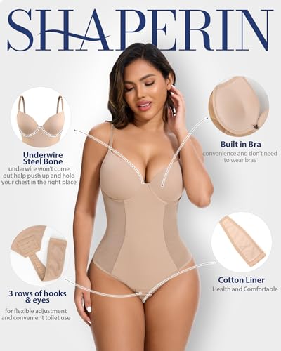 SHAPERIN Shapewear Bodysuit for Women Built in Bra Tummy Control Body Suit Backless Thong Low Back Body Shaper3