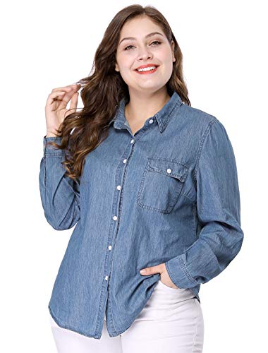 Agnes Orinda Women's Plus Size Button Down Long Sleeve Chest Pocket Chambray Shirts 20253