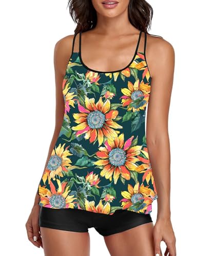Image of Urchics 2026 Women Two Piece Tankini Swimsuit Tummy Control Plus Size Long Torso Top and High Waisted Boyshorts Bathing Suits