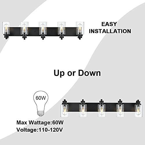 Image of 5-Light Black Bathroom Vanity Lights, 37 inch Modern Farmhouse Wall Sconces with Clear Glass Shade, Bathroom Wall Lamp for Mirror Bedroom Hallway Living Room Cabinet
