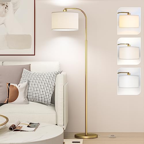 CNXIN Arc Floor Lamps for Living Room with 3 Color Temperatures, Modern Floor Lamp Reading Light with 9W Bulb Included, Standing Lamp with Adjustable White Hanging ‎Lampshade for Bedroom Office(Gold)