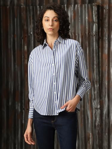 Image of High Star Women Cotton Striped Oversized Fit Collar Full Sleeves Shirts