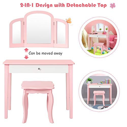 Costzon Kids Vanity Table, Princess Makeup Dressing Table With Drawer & Tri-Folding Mirror, 2-In-1 Vanity Set With Detachable Top, Pretend Beauty Play Vanity Set For Girls (Pink) #TOP2