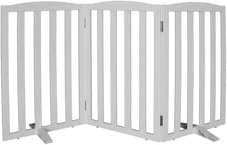 Freestanding Dog Gate Indoor,Doggie Gate Foldable Dog Gates for Doorways,Stairs or Hallways, Wooden White Pet Gate for the House, Pet Fence with Support Feet Included,24 Height-4 Panels