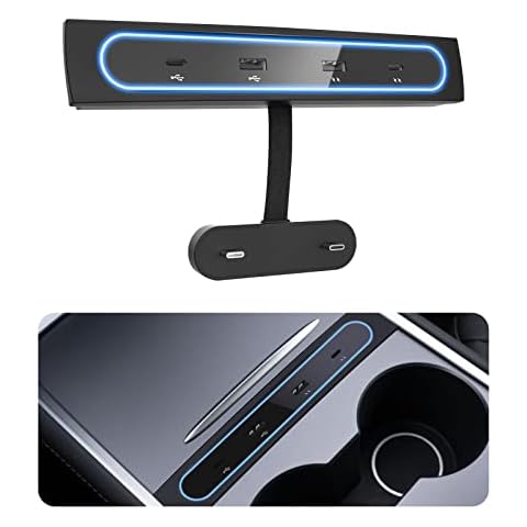 VIJIM Car USB Charger Multi Port for 2021 2022 2023 2024 Tesla Model 3/Y | Tesla USB Hub with Blue Led Light | Tesla Model 3/Y Accessories 100% Fit Center Console Adapter | Tesla Phone Charger Cover