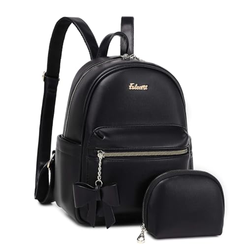 Eslcorri Mini Backpack Purse for Women - Girls Bowknot Fashion Backpack Small Leather Cute Travel Daypacks with Wallet 2-PCS Casual Ladies Convertible Shoulder Handbag - Black
