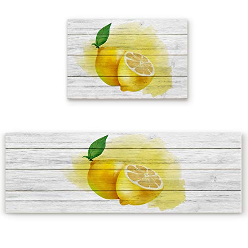Sodika Kitchen Floor Comfort Mat Set, Non Slip Standing Mats 2-Pack Kitchen Runner And Rug Waterproof Kitchen Rug Set,Lemon 15.7X23.6In+15.7X47.2In cover