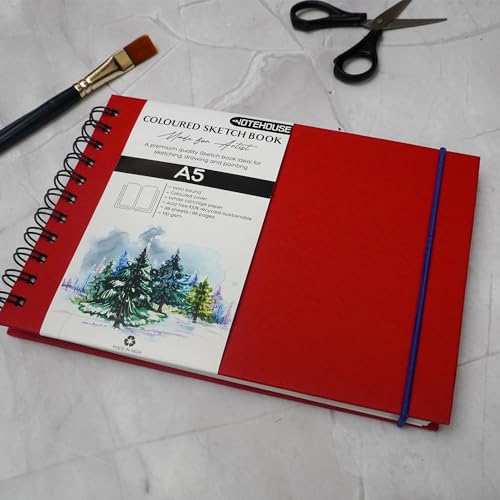 Image of NOTEHOUSE A5 Landscape Spiral Sketchbook (14x21 cm) | 96 Unruled White Thick Pages | Professional Drawing Notebook | Red Hard Cover Art Book for Artists & Students