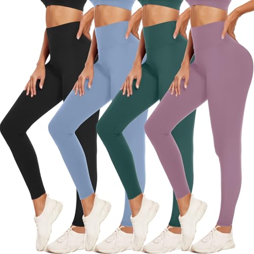ACTINPUT 4 Pack Leggings for Women Black High Waist Tummy Control Leggings Ladies Buttery Soft Workout Gym Yoga Pants Slim Tights Regular&Plus Size(Black/Blue/Green/Pink,L-XL)