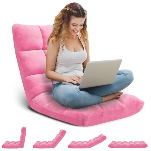 Image of Folding Floor Gaming Chair 14-Poistion Cushioned Adjustable Floor Lazy Sofa Chair w /Breathable Cotton & Skin-Friendly Coral Velve for Adults & Kids Perfect for Reading Gaming Meditating, Pink