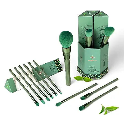 Makeup Brushes Set 12 Pcs Eigshow Professional Makeup Brushes High-end Full Face Eye Brushes Eco-friendly Vegan &amp; Cruelty-free Makeup Brushes with Holder - Unique Handle Design(Tea Tree Green)