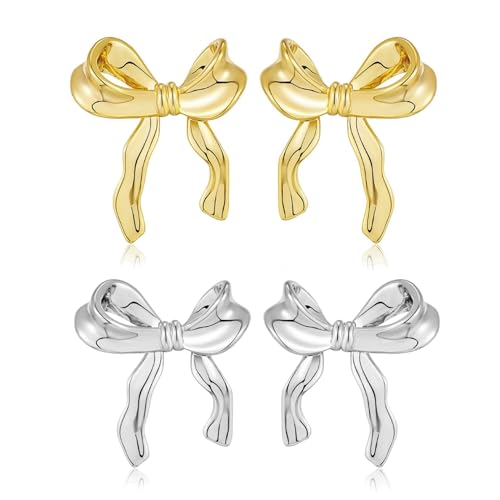 Aucuu Orecchini a Fiocco, 2 Paio Orecchini Donna Fiocco, Bow Earrings, 18K Orecchini a Bottone in Oro, Orecchini a Fiocco d'Acqua Anallergici, Gioielli con Fiocco, Gioielli Regalo per Donna Ragazza