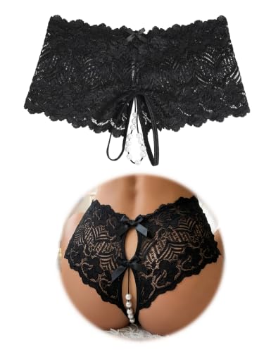 ohmydear Spitze String Tanga Ouvert Slip für Frauen, Schwarz, S