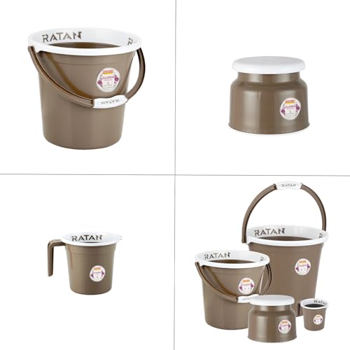 Image of RATAN PLASTICWARE Plastic Bathroom Set of 5 Pieces Combo Pack Gloria Plain 18 Liters & 20 Liters Bucket + Nova Stool Patla 107 + Two Gloria Plain Bath Mug 1 Liter Color Light Brown