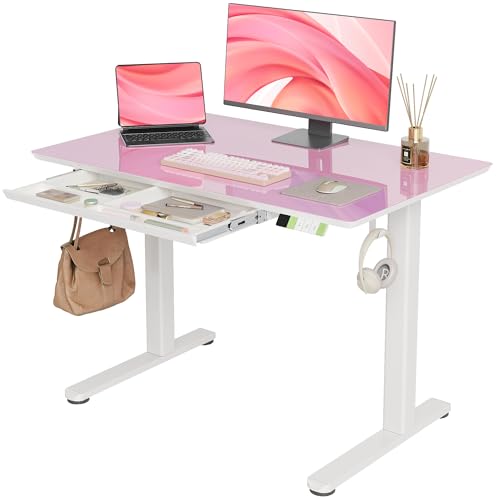 Image of INNOVAR Glass Standing Desk with Drawers 40x24 Inch Morandi Powder