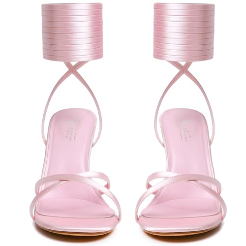 Image of Mostrin Womens Sandals Strappy Heels for Women Lace Up Square Open Toe Heels Tie Up High Heeled Sandals for Prom, Party, Daily Wear