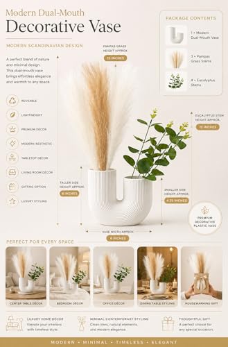 Image of Divyakosh Modern Double Mouth Vase with 3 Pampas Grass & 4 Eucalyptus Stems, White Ribbed Decorative Plastic Vase for Living Room, Center Table, Bedroom, Home Decor Gift Set