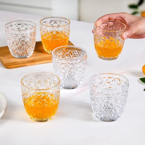 Image of Nestasia Transparent Small Juice Glasses Set of 6 (260 ml Each) - 100% Food Safe & Dishwasher Safe Floral Textured Tumblers - Ideal for Water, Tea, Coffee & Refreshments - Perfect for Gifting