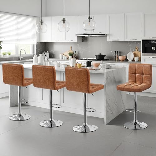 Image of Yaheetech Bar Stools Set of 4, PU Leather Swivel Barstools, Height Adjustable Counter Chairs, Modern Stools with Back for Bar Kitchen Island Dining Room, Retro Brown