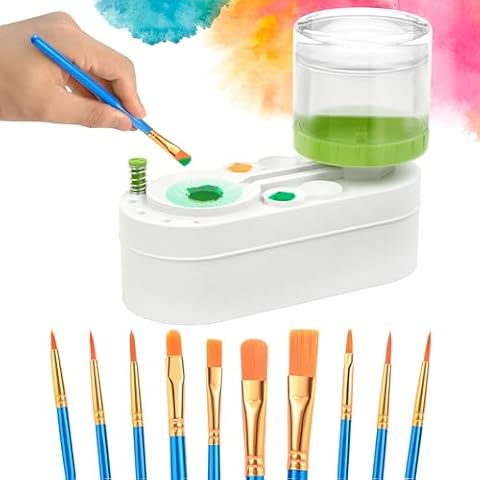 FINFINLIFE Paint Brush Cleaner with 10 Paint Brushes - Auto Water Dispensing Brush Rinser for Acrylic, Watercolor & Water-Based Paints, No Assembly Required Cleaning Tool, Green Cover