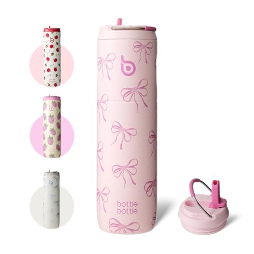 BOTTLE BOTTLE Botella de agua de acero inoxidable con aislamiento, 750 ml, con pajita, tapa y asa, a prueba de fugas, sin BPA, doble pared, ideal para deportes, viajes y fitness (lazo rosa)