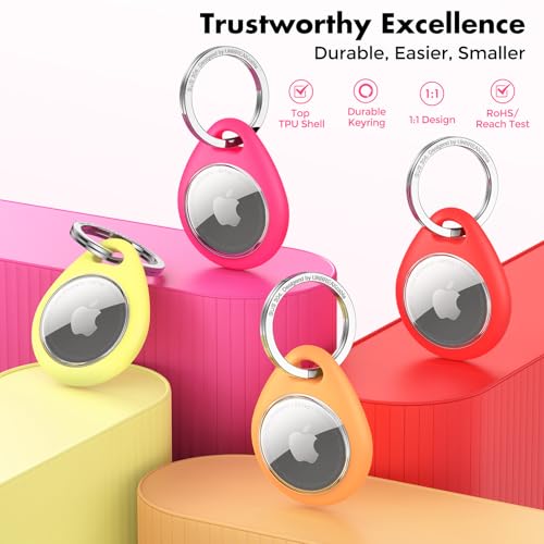 Image of UNBREAKcable 4 Pack Holder for Apple AirTag [Fit Tightly Design] [Hold Air Tag Securely] [Easy to Install] Protective Case Waterproof TPU Shell with 304 Stainless Steel Key Ring Keychain, 4 Color