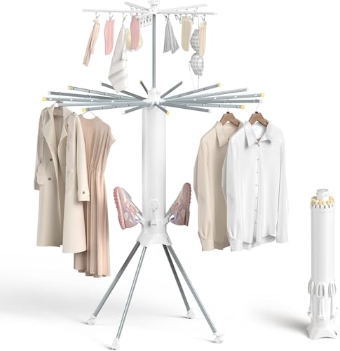 Image of Carbon Steel Clothes Drying Rack 2026 Upgrade 4-Legged 3Tier Foldable Laundry Rack with 4 Pulleys 20 Clips 6 Shoe Dryers 16Drying Rods for Indoor /Outdoor Camping Poolside Space Saving (White)