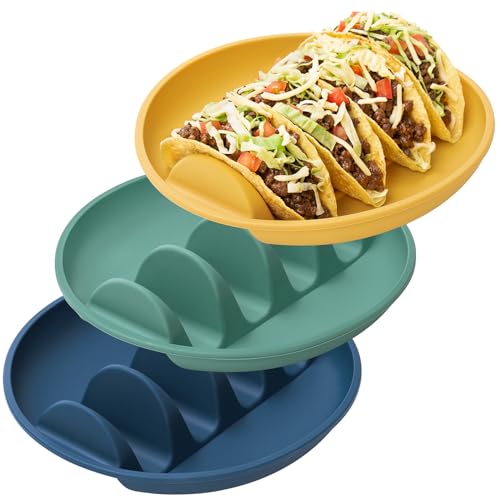 YIIYOUNG Silicone Taco Plates Set of 3, Reusable Taco Holder Plates Silicone Taco Holder with Dividers for Hard/Soft Taco Shells, Taco Party Serving Plates, Dishwasher & Microwave Safe Taco Holders