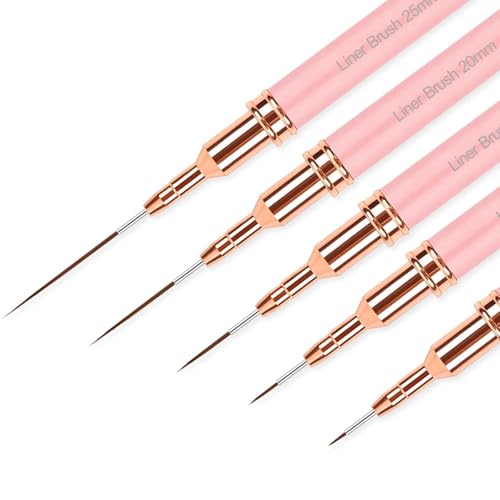 Sularpek 5 Pezzi Pennelli per Nail Art, UV Gel Liner Pittura Pennello, Set di Pennelli per Disegnare e Punteggiare le Unghie, per Linee Lunghe, Dettagli Sottili, Dimensioni 4/8/12/20/25 mm, Rosa