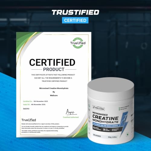 Image of Wellcore Pure Micronised Creatine Powder With Shaker (83 Servings, Unflavoured) For Enhanced Muscle Strength With Rapid Absorption | Creatine Monohydrate | Wellcore Creatine Flavoured - 250g