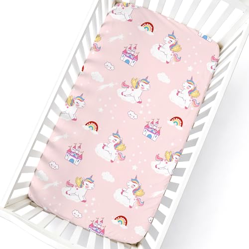 Image of Cloele Unicorns Fitted Crib Sheets,Pink Castle Unicorns, 1 Pack,52x28in | Baby Crib Sheets, For Standard Crib and Toddler Mattresses, Nursery Bed Sheet, For Baby Girls