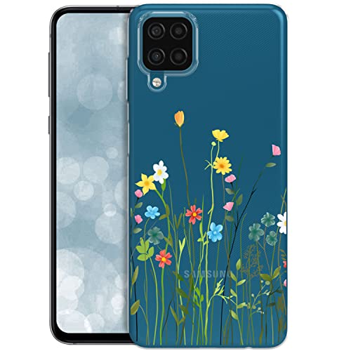 QULT kompatibel mit Samsung Galaxy A12/M12 Hülle Silikon mit Blumen Gras Motiv Durchsichtig Süß Dünn Bumper TPU Case Transparent Flower Grass Cover