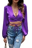 LYANER Women's Satin Wrap V Neck Criss Cross Tie Long Sleeve Crop Blouse Top Purple Medium