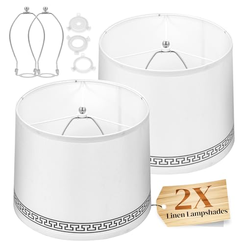 White Lamp Shades Set of 2 for Table Lamps11.6” Top x 12.6” Bottom x 9.8” Height, Medium Hand Crafted Linen Fabric with Classic Printed Border, Universal Fit with Spider Fitter, Easy Assembly Required