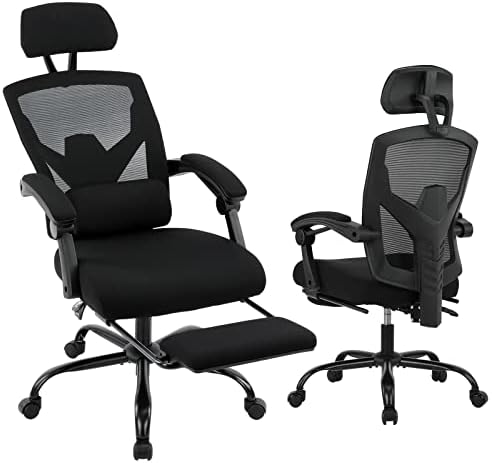 Ergonomic Office Chair, Reclining High Back Mesh Chair, Computer Desk Chair, Swivel Rolling Home Task Chair with Lumbar Support Pillow, Adjustable Headrest, Retractable Footrest and Padded Armrests