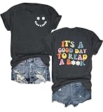 OCURHU Book Lover Shirts for Women Its a Good Day to Read a Book Shirt Funny Graphic Print Crewneck Top Dark Gray L
