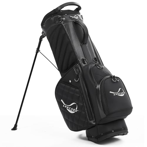 ANNCORD Golf Stand Bag with 14 Way Full Length Dividers, PU Leather Golf Bag for Men, Waterproof Golf Bags with Stand, 6 Pockets & Cooler Pouch, Adjustable Dual Straps, 2 Rain Cover Hood, Black