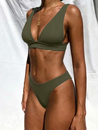 Image of Bathing Suits for Women Deep V Neck Sexy Two Piece Bikini Sets for Women Thong Halter Cheeky Swimsuit