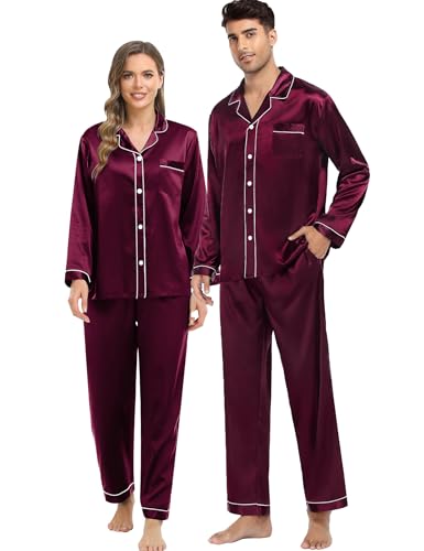 SWOMOG Couples Silky Satin Pajama Set Long Sleeve Pj Set Button Dwon Loungewear 2 PCS Sleepwear Set...