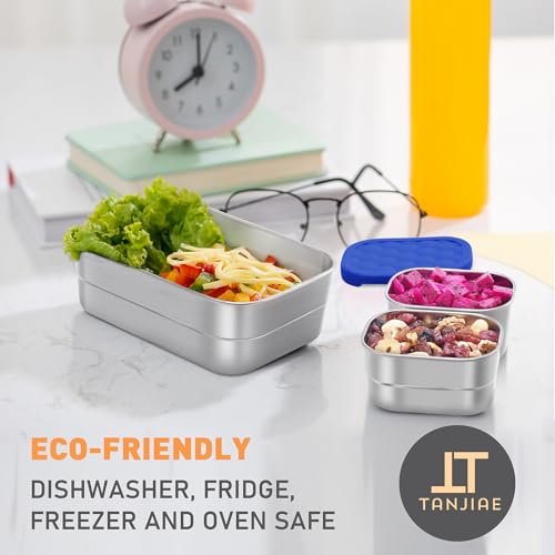 Image of Tanjiae 3 CUP+1 CUP Stainless Steel Lunch Snack Containers Set | Leak Proof 304 Stainless Steel Food Containers with Silicone Lids - Perfect Metal Lunch Box for Home and Travel (25oz+8oz*2)