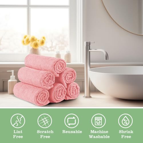 Image of UNIMADE Washcloths Bulk - 10 Pack - Face Towels (12 inch x 12 inch), Highly Soft Wash Cloths and Hand Towels, Fast Drying Multi-Purpose Microfiber Cleansing Cloths for Bathroom, Hotel, Spa, and Salon - Pink