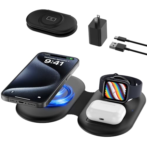 3 in 1 Foldable Wireless Charging Station for Apple Multiple Devices, Portable Travel Magnetic Charger Pad for iPhone 16/15/14/13/12 Series,iWatch 2-9/Ultra,AirPods 2/3/Pro (with Adapter)