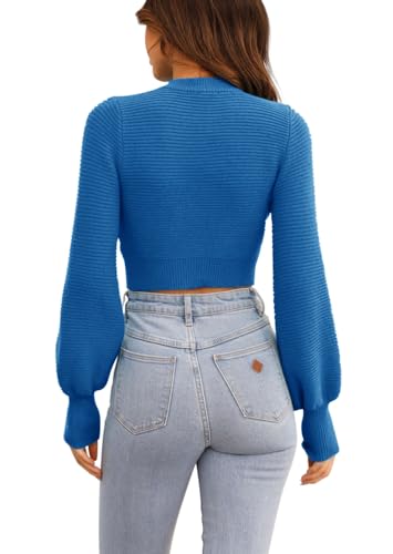 Image of Womens Sexy Crew Neck Cropped Sweaters Knit Long Sleeve Crop Tops Pullover