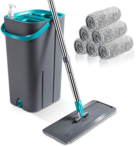 AONE Flat Mop Bucket with Wringer Hands-Free, Microfiber Flat Mop with Bucket, 6 Reusable Microfiber Mop Pads, 57.6''Extended Stainless Steel Handle for Hardwood, Laminate, Tiles, Vinyl
