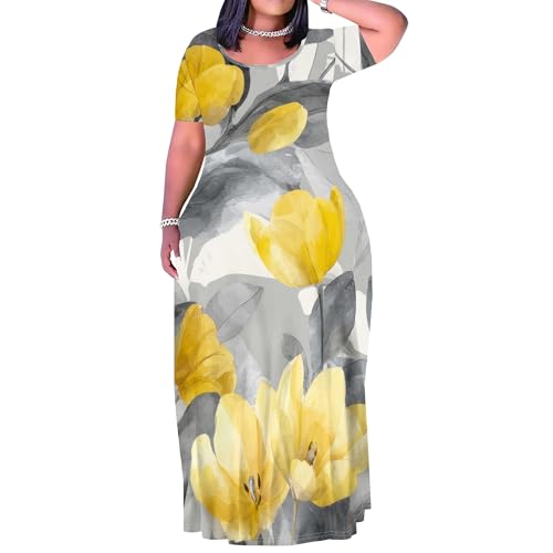 Image of PinkPatty Women's Plus Size Maxi Dresses Short Sleeve Sundress Summer T-Shirt Beach Long Dress with Pockets
